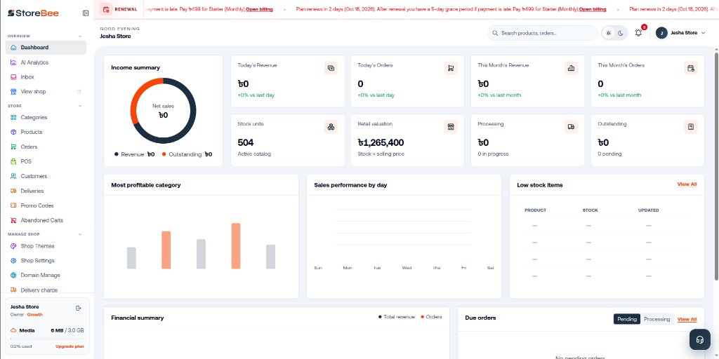 Storebee merchant dashboard in light mode